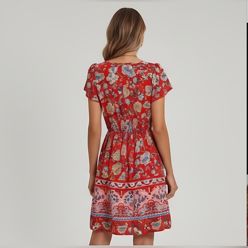 Red Boho Floral Print Petal Sleeve Dress - Picture 3 of 6